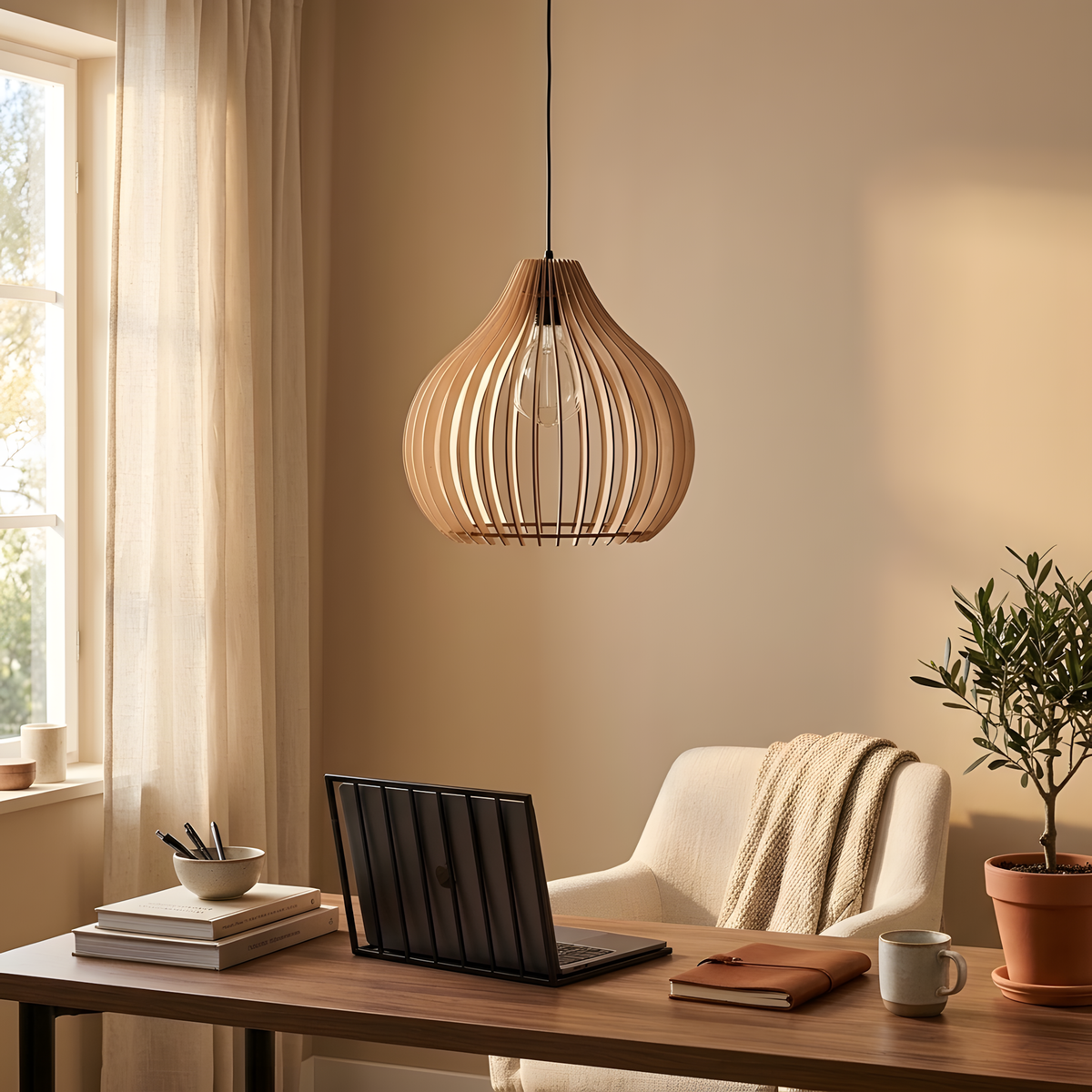 Albreza suspension en bois naturel, lumière du soir
