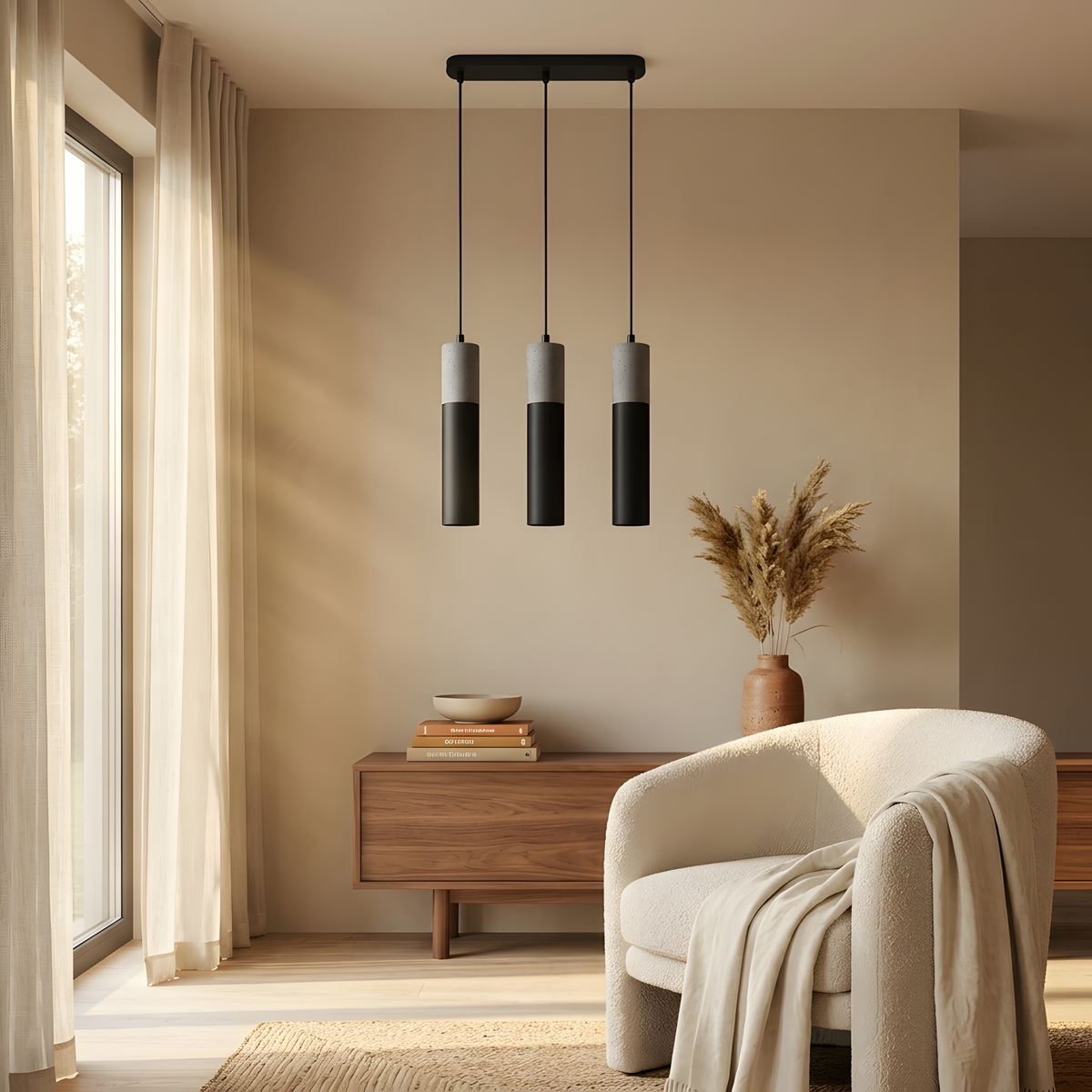Aldenia suspension béton noir, lumière du soir