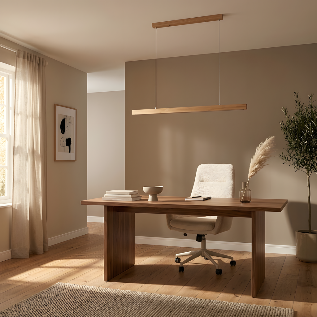 Argenza suspension linéaire en bois, lumière du soir