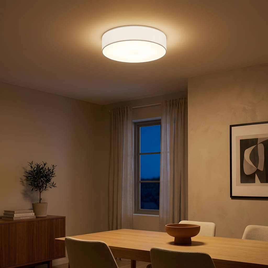 Arvela plafonnier rond blanc, ambiance salon