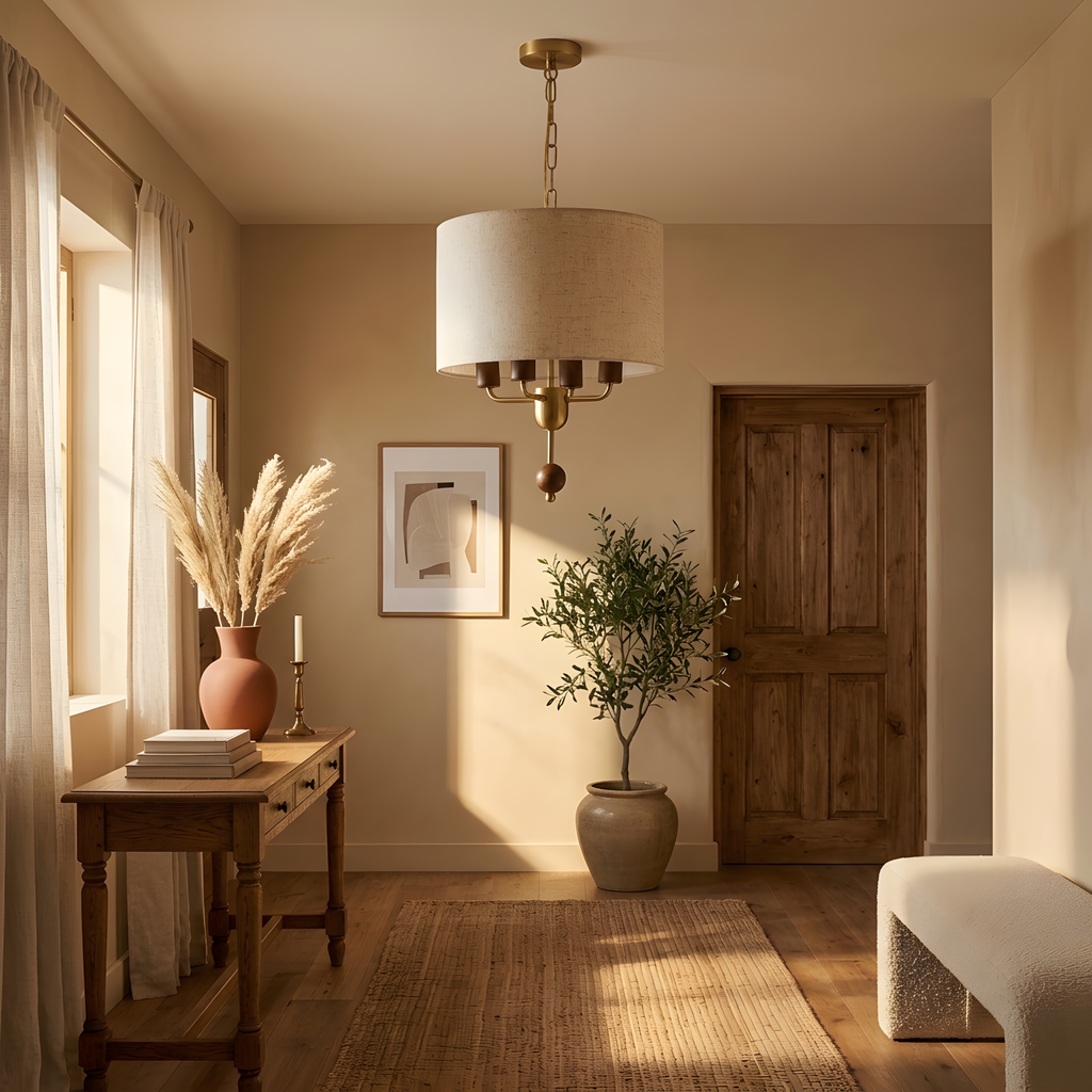 Astorio suspension abat-jour tissu et bois, lumière du soir
