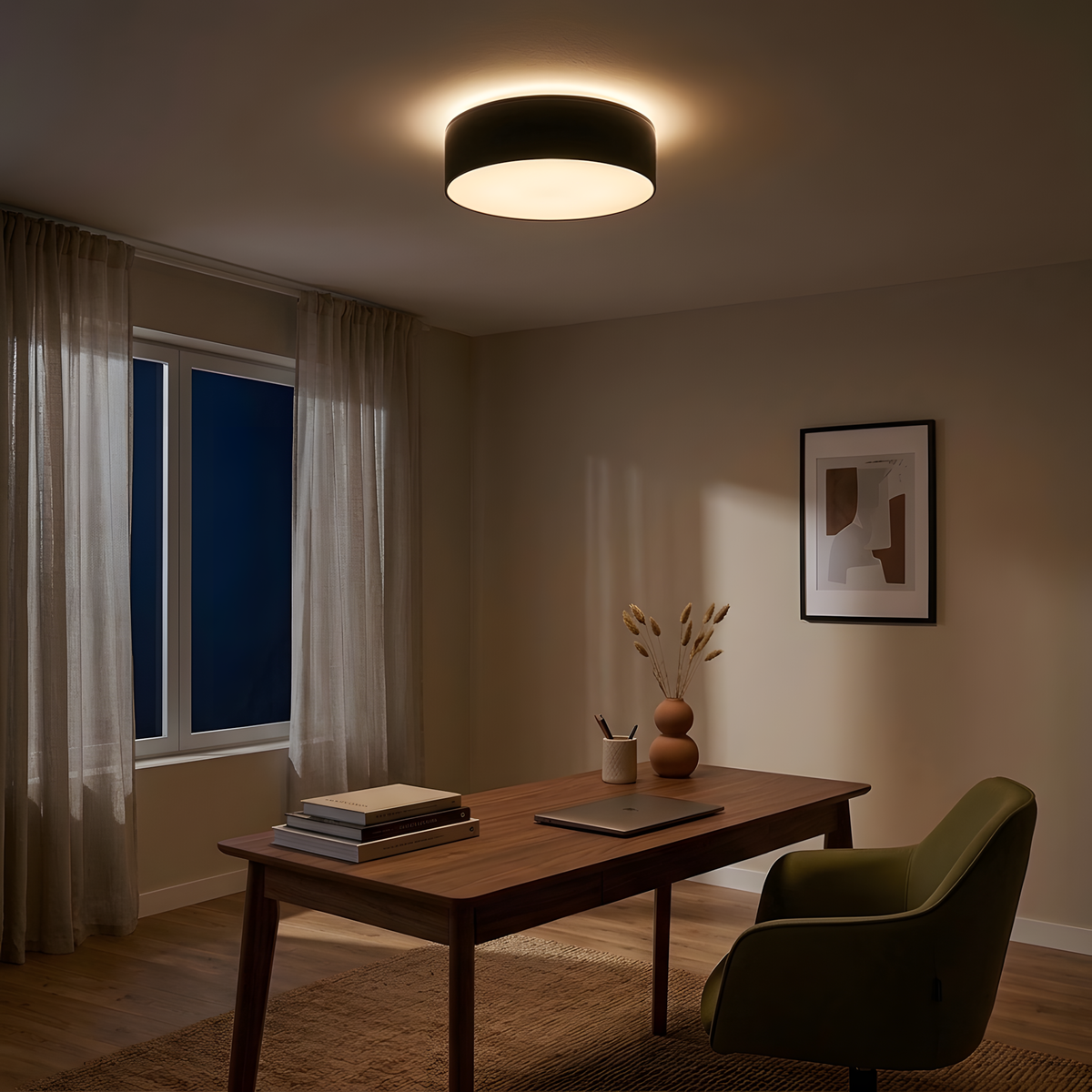 Astrio plafonnier rond noir, ambiance salon