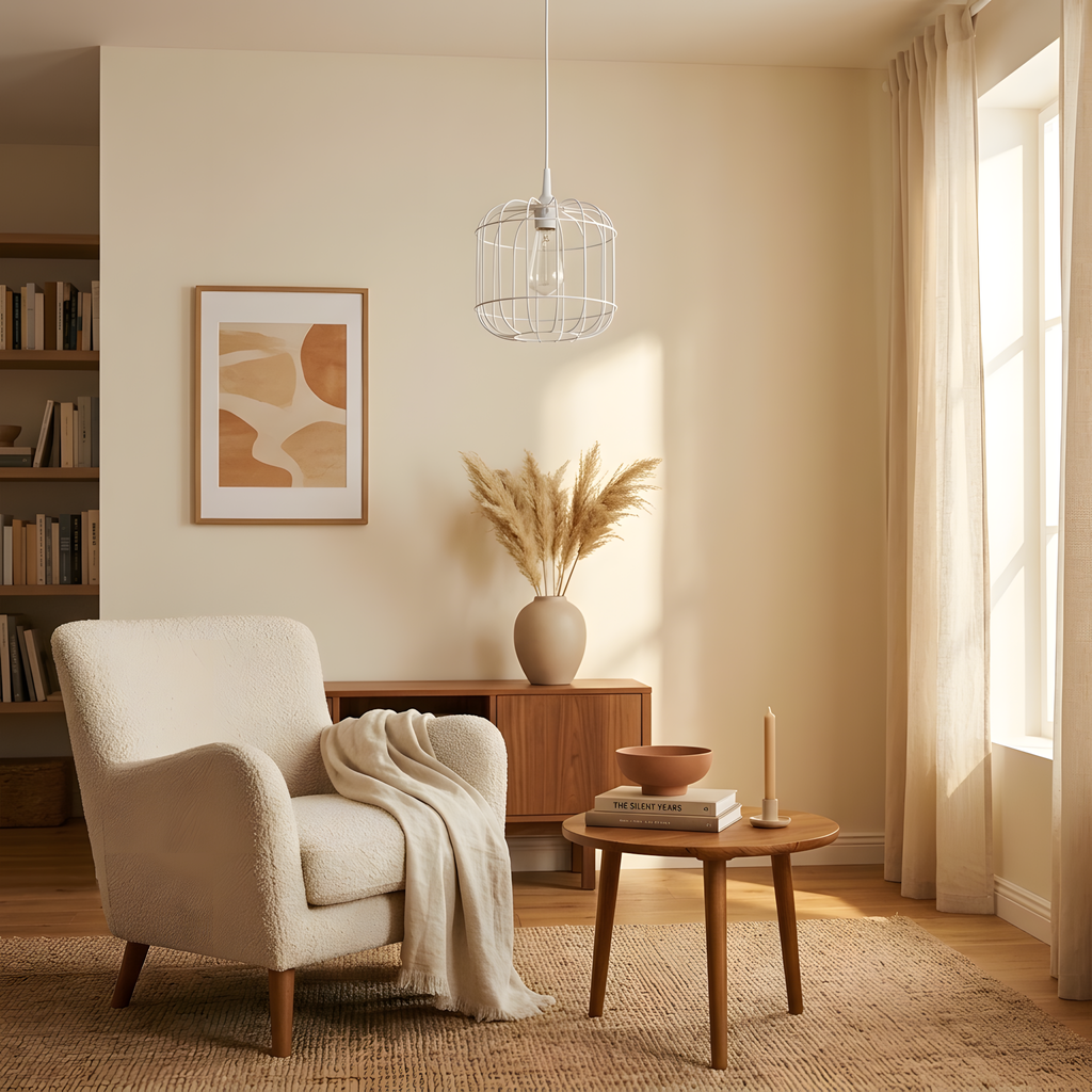Belverio suspension cage filaire blanche, lumière du soir
