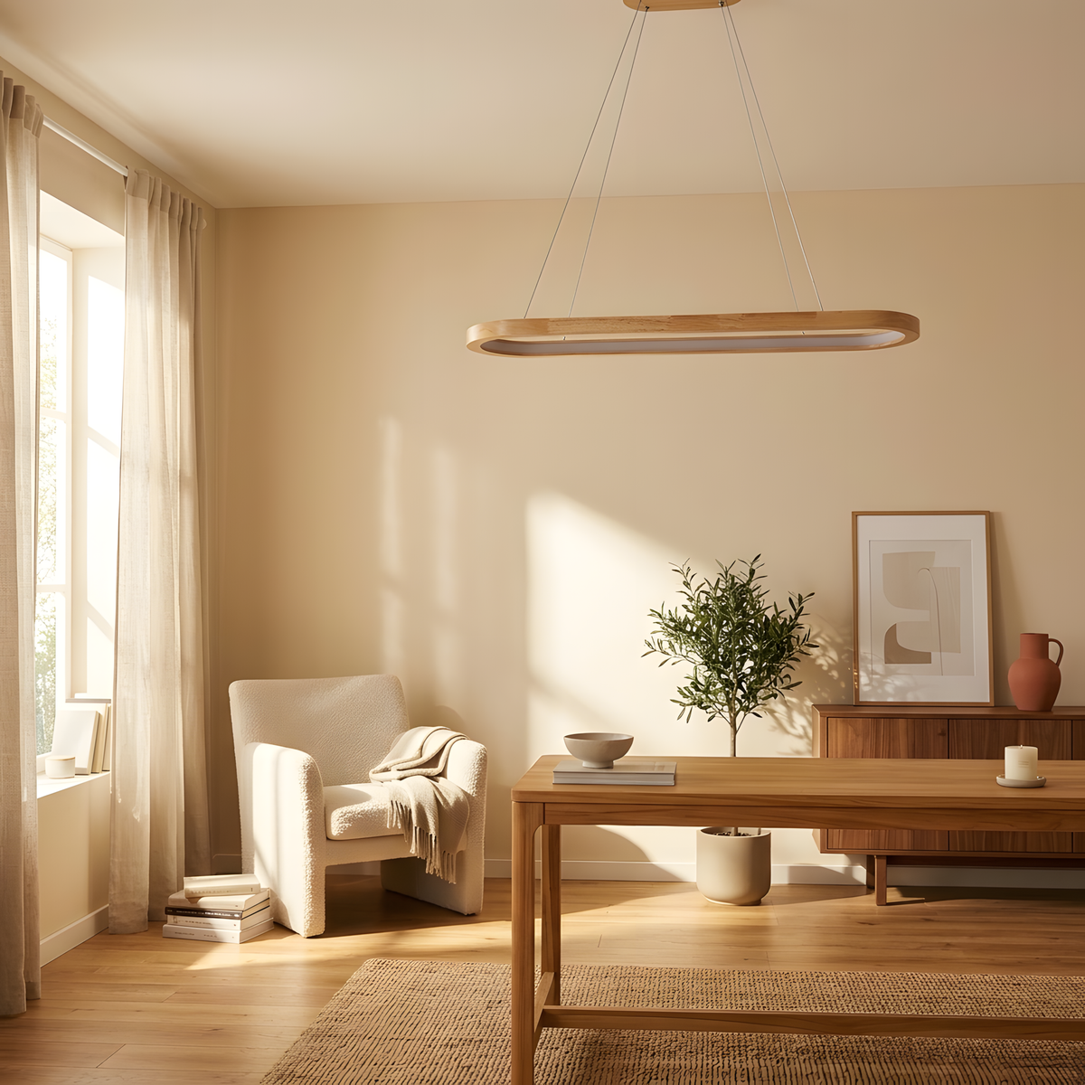 Corallia suspension linéaire en bois, lumière du soir