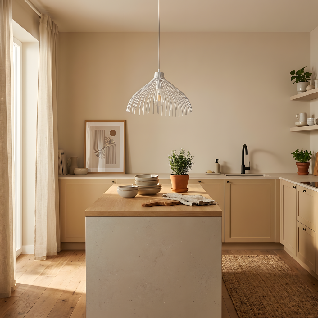 Dorielle suspension acier blanc, lumière du soir