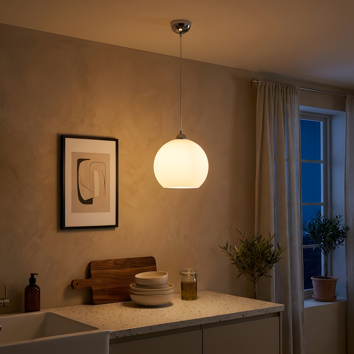 Elondra suspension boule verre blanc, comptoir