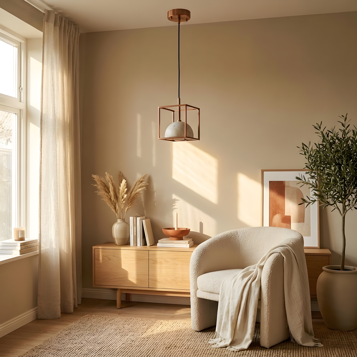 Estellara suspension cuivre et marbre, lumière du soir