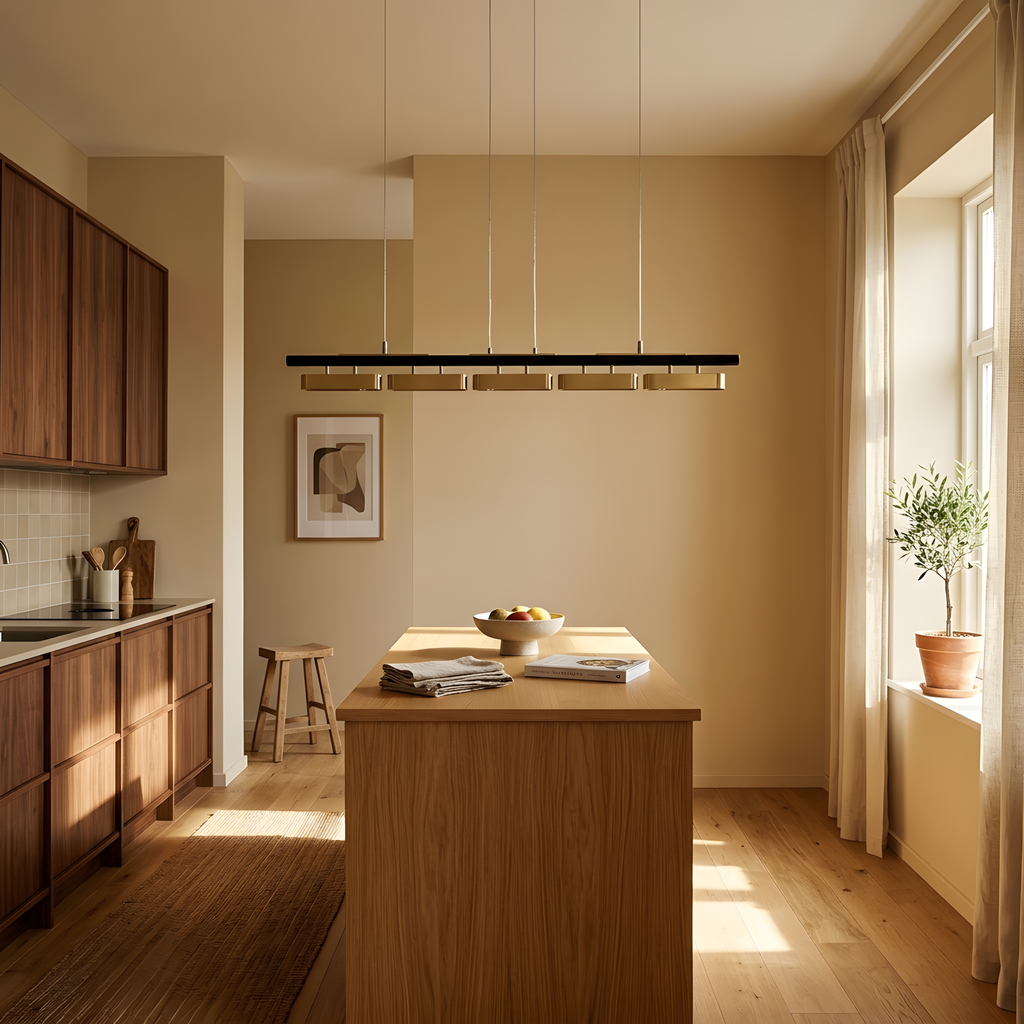 Grandia suspension modulaire noir et doré, lumière du soir