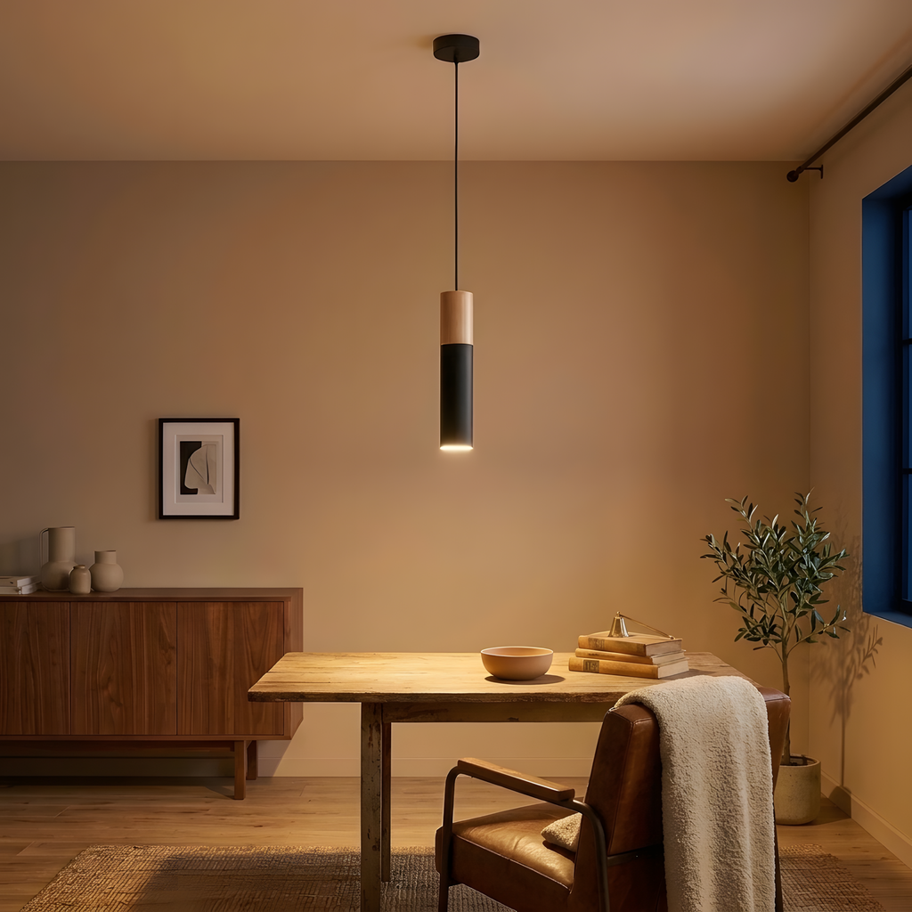 Kestria suspension noire et bois, salon