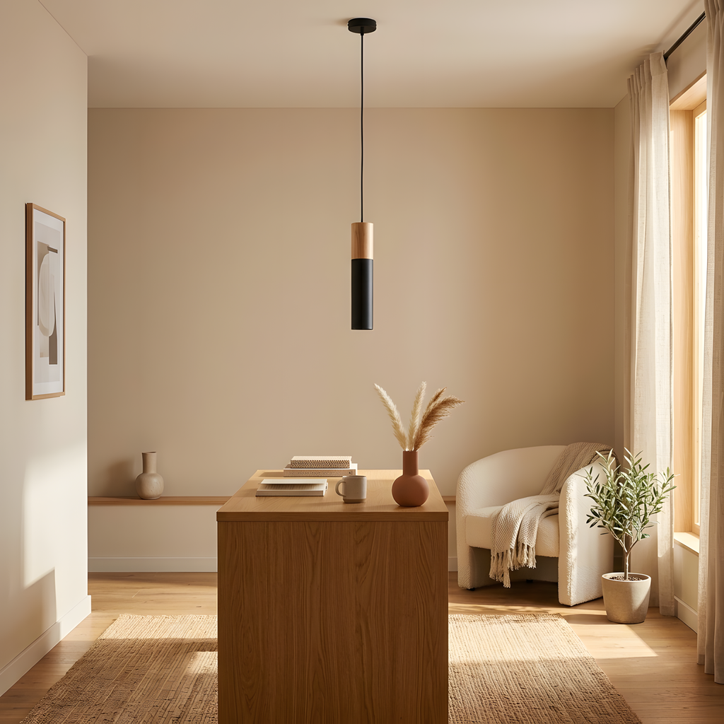 Kestria suspension noire et bois, lumière du soir