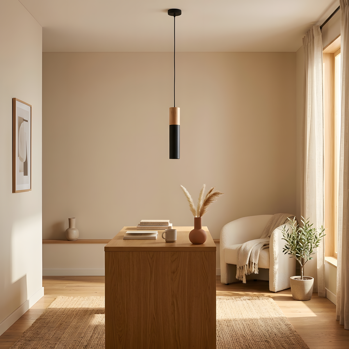 Kestria suspension noire et bois, lumière du soir