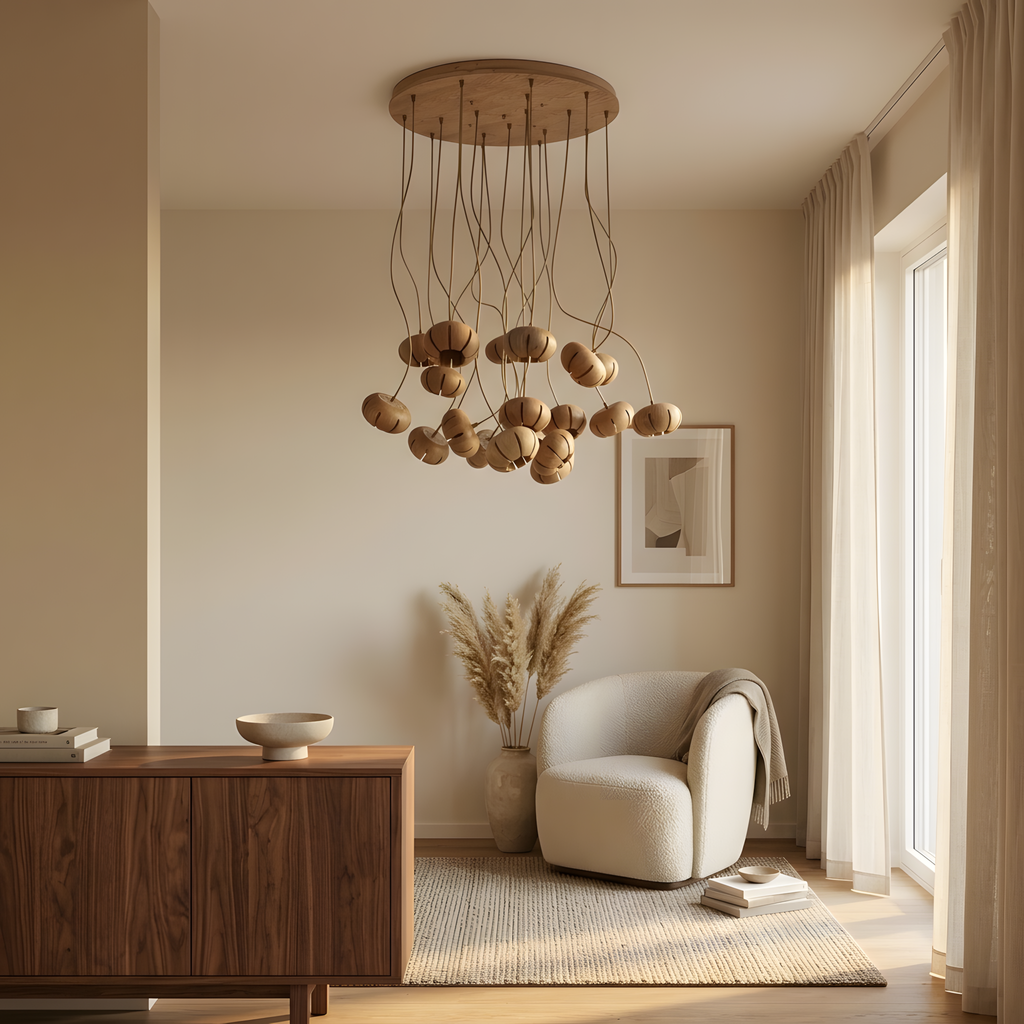 Linessa suspension fleur en bois, lumière du soir