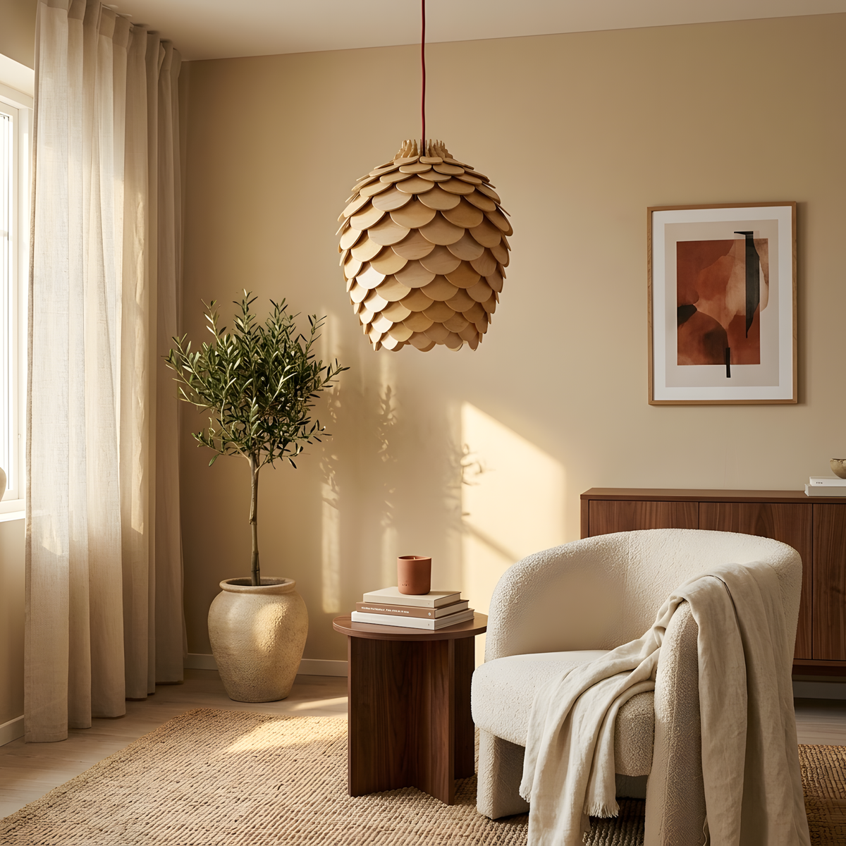Nautea suspension globe en bois sculpté, lumière du soir