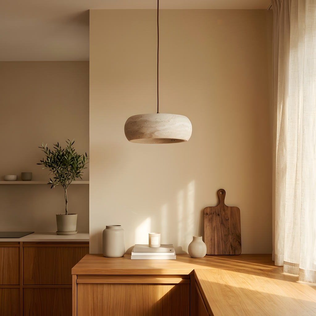 Nordevia suspension travertin, lumière du soir