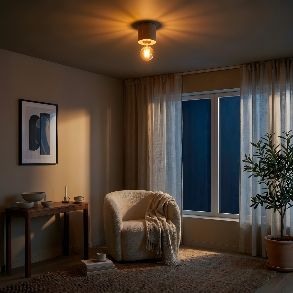 Norvin plafonnier bois, ambiance salon