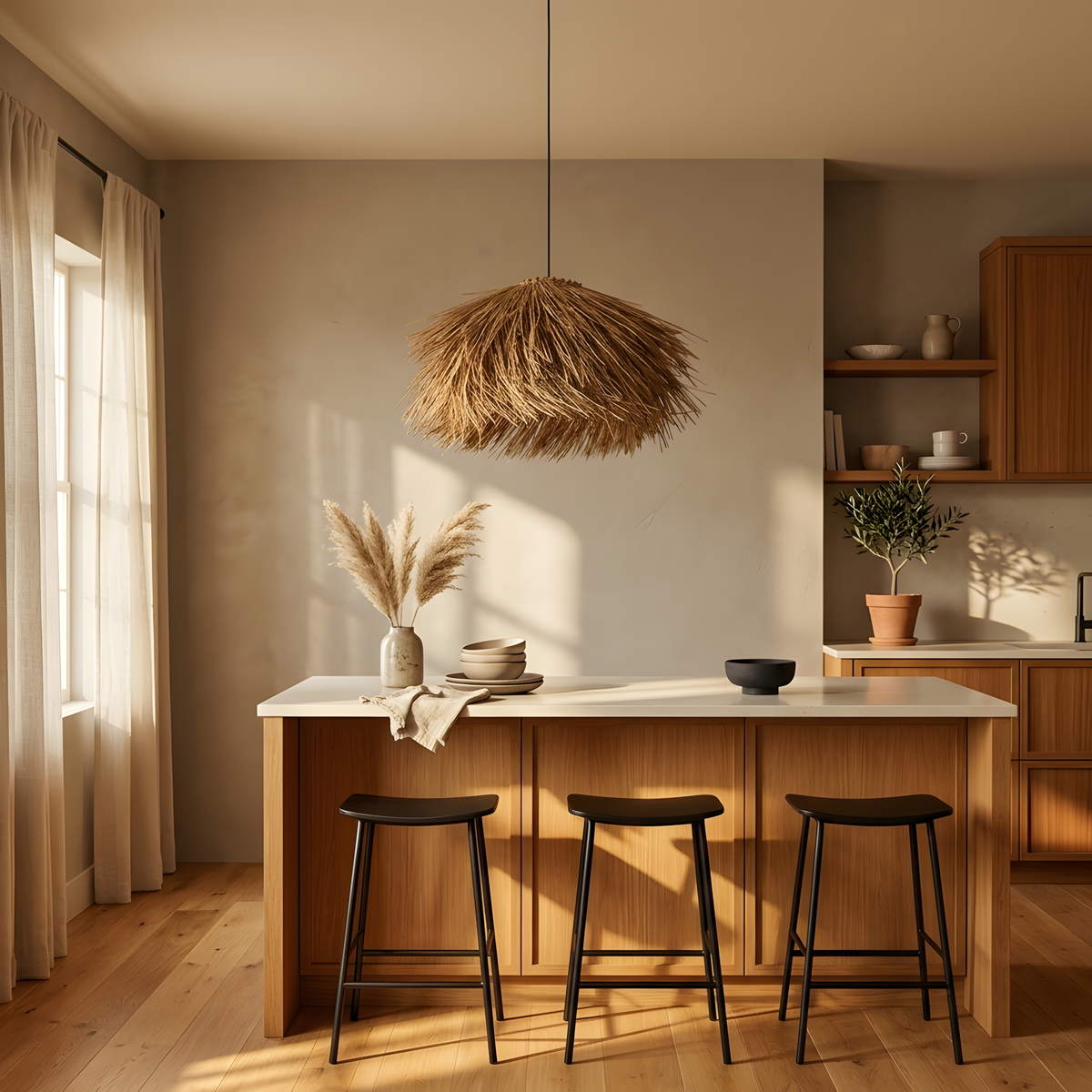 Perlyna suspension rotin tressé, lumière du soir