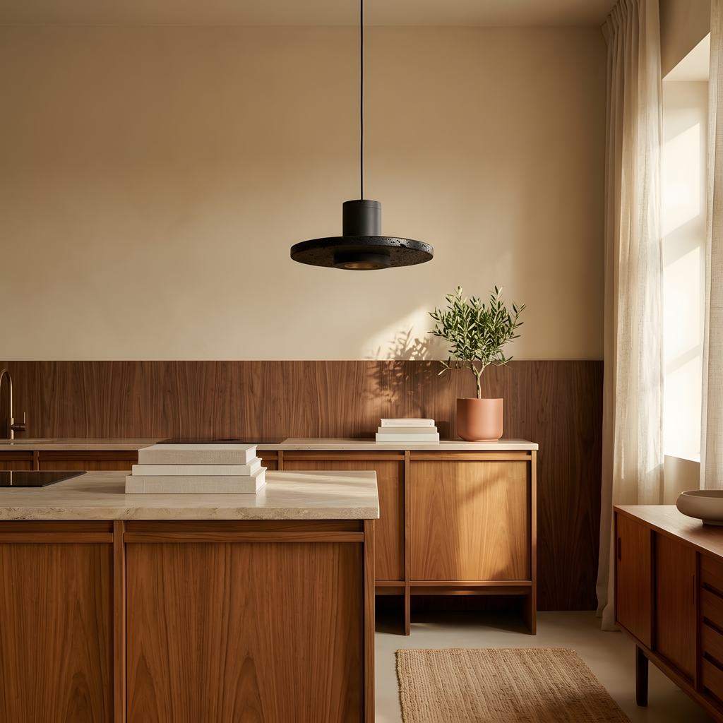 Quelia suspension noire, lumière du soir