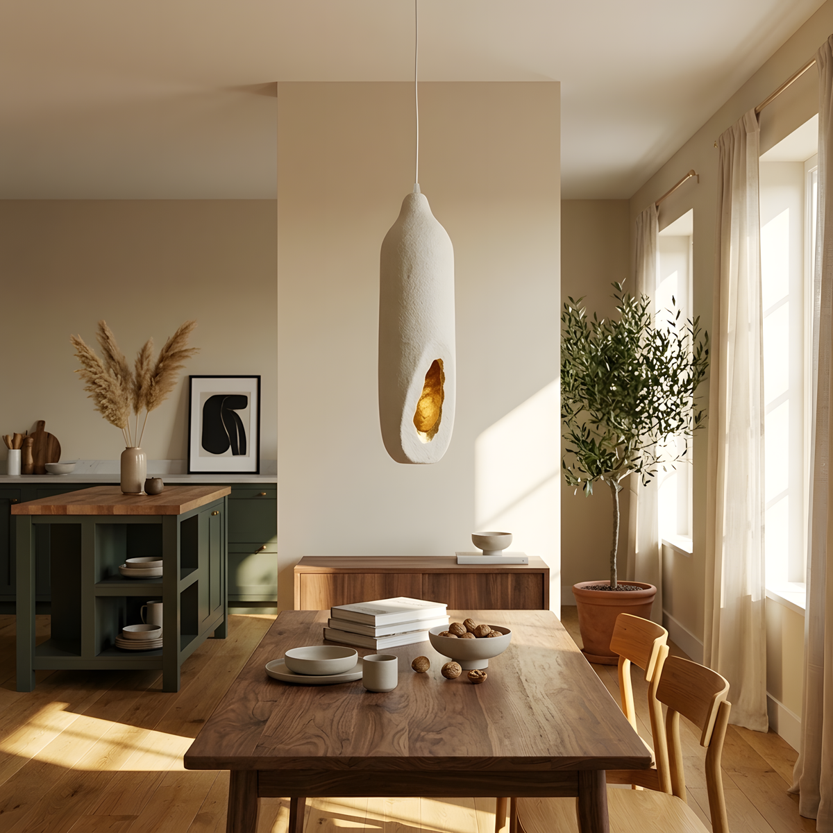 Quindra suspension beige, lumière du soir