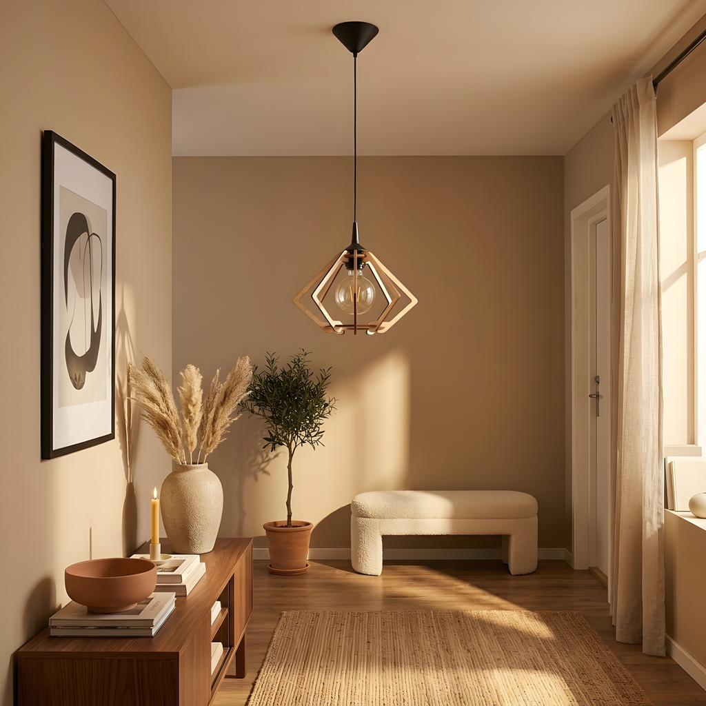Soraline suspension bois naturel, lumière du soir