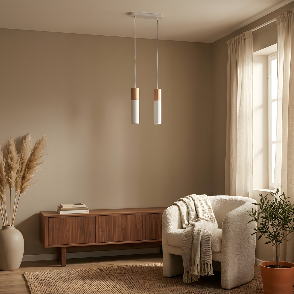 Talvira suspension blanc et bois, lumière du soir