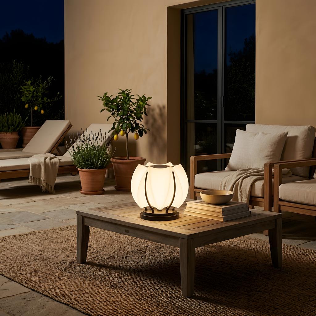 Toralia lampe à poser extérieure ambiance du soir