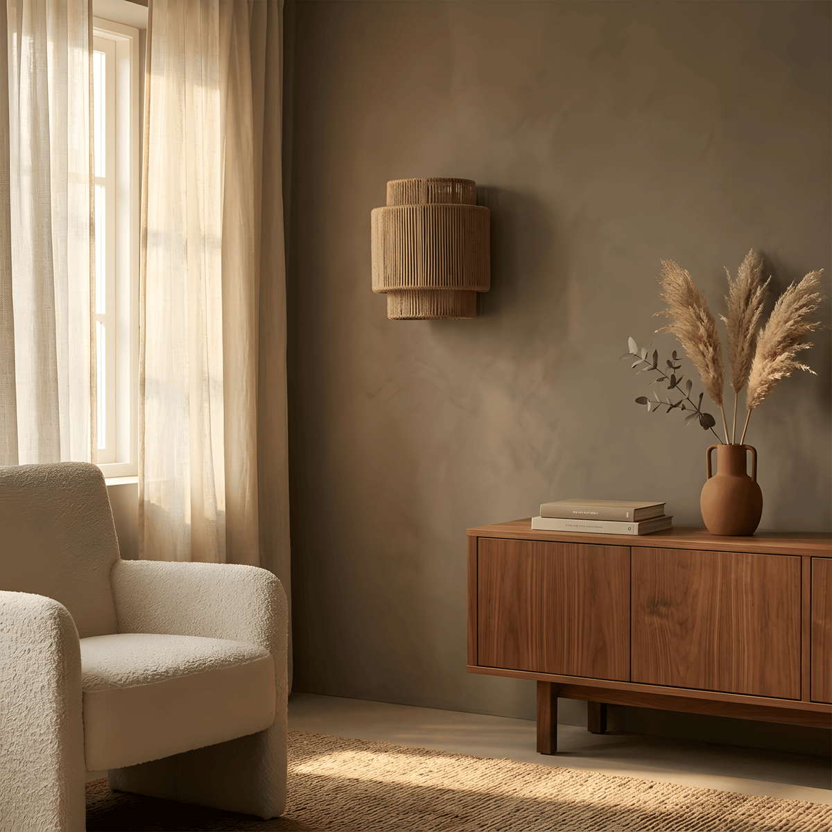 Rotina applique murale en rotin tressé dans une chambre, de jour