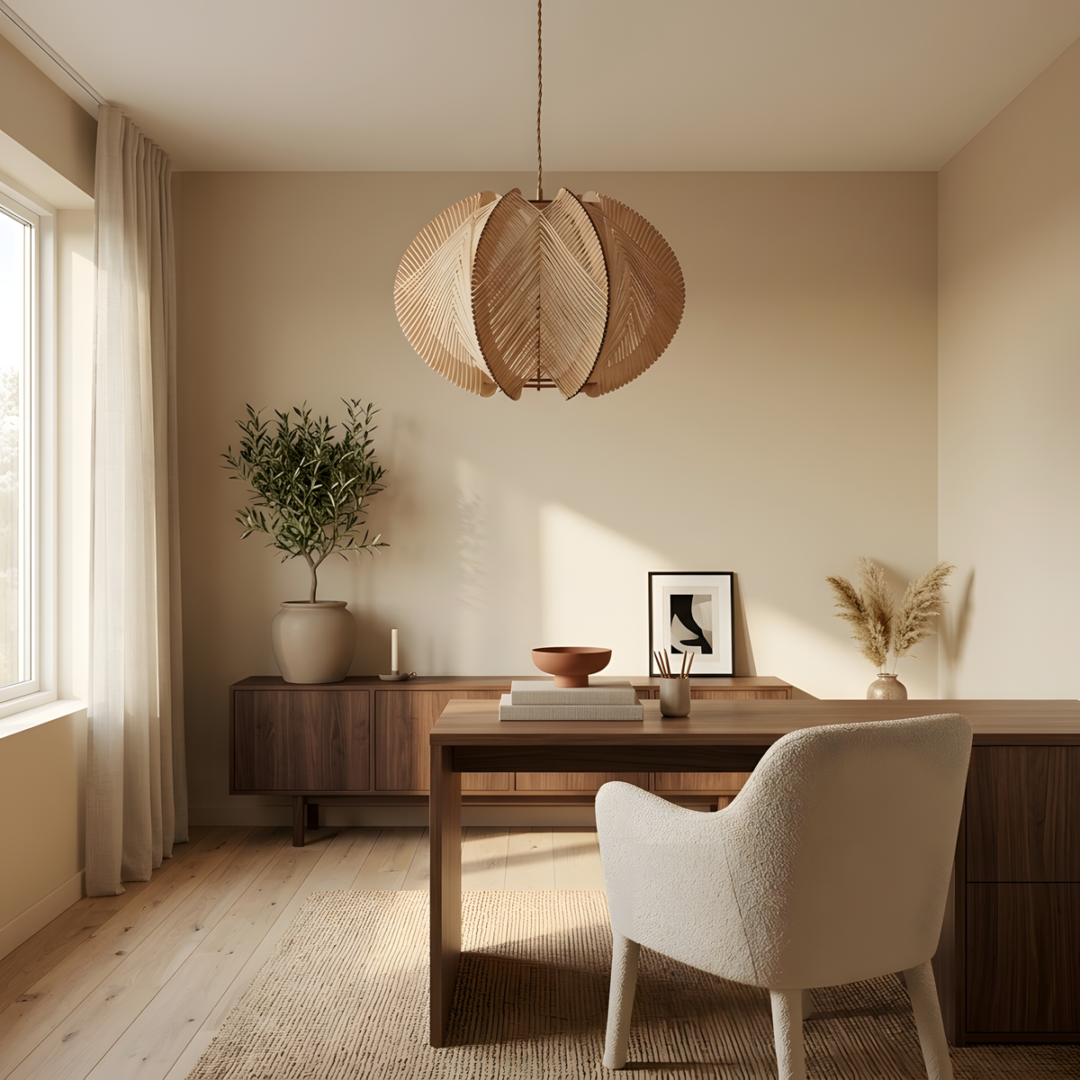 Vintaris suspension bois et bambou, lumière du soir